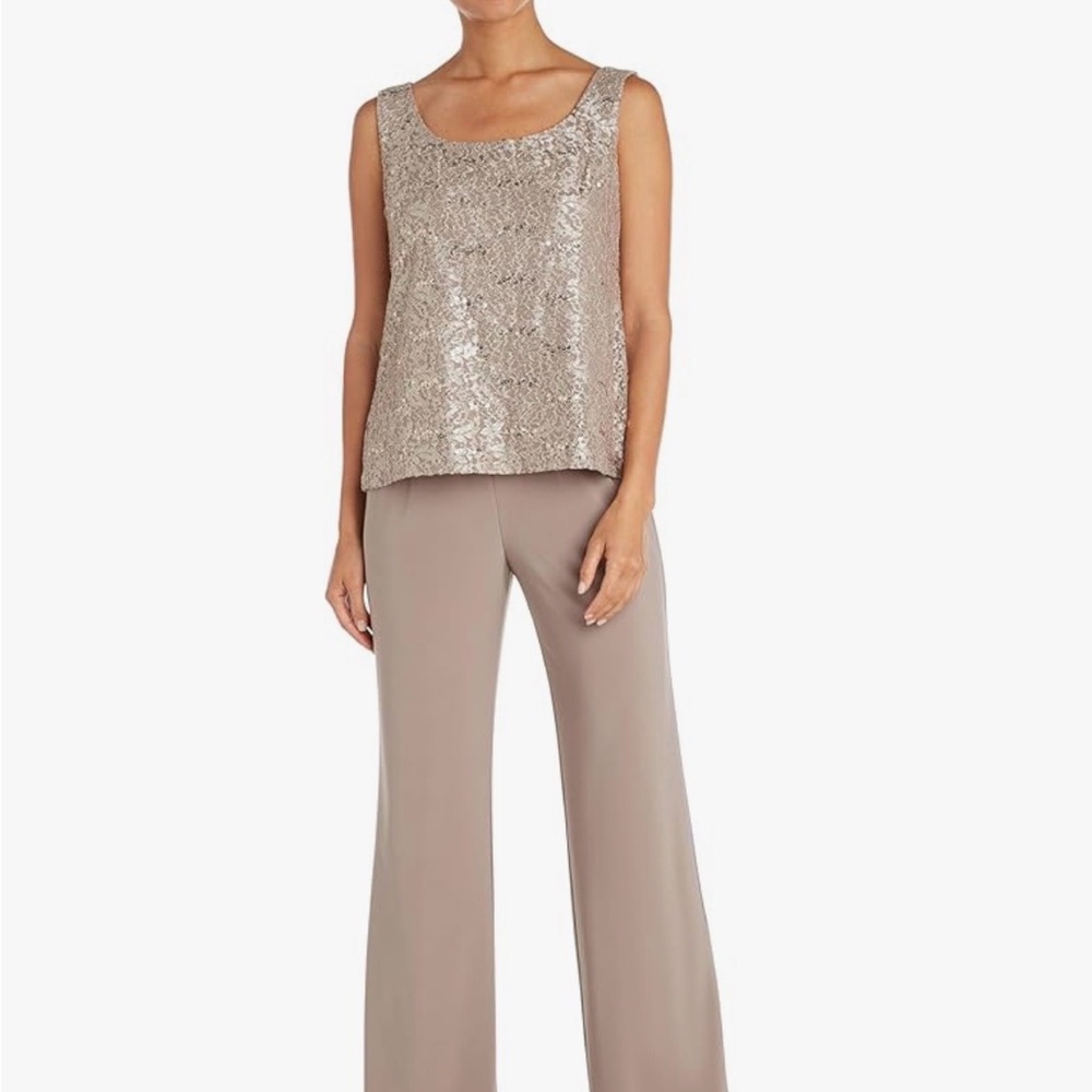 Sequined Lace Duster 3 Piece Formal Pants Suit in Mauve Taupe by R&M Richards - Picture 6 of 9